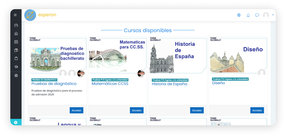 Interfaz de usuario con dashboard de cursos y universidades en España