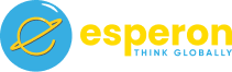 Logo de Esperon con el eslogan Think Globally en color amarillo y azul